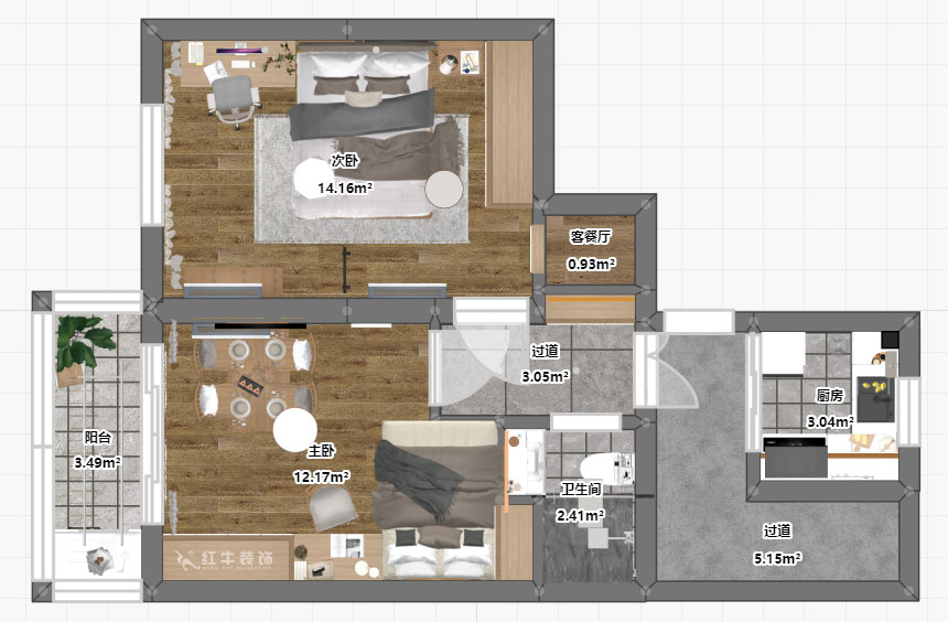 贾庭｜木匠营123号605室-50㎡-现代风格｜2室0厅1厨1卫｜老房装修｜定制家￥83400｜全包8